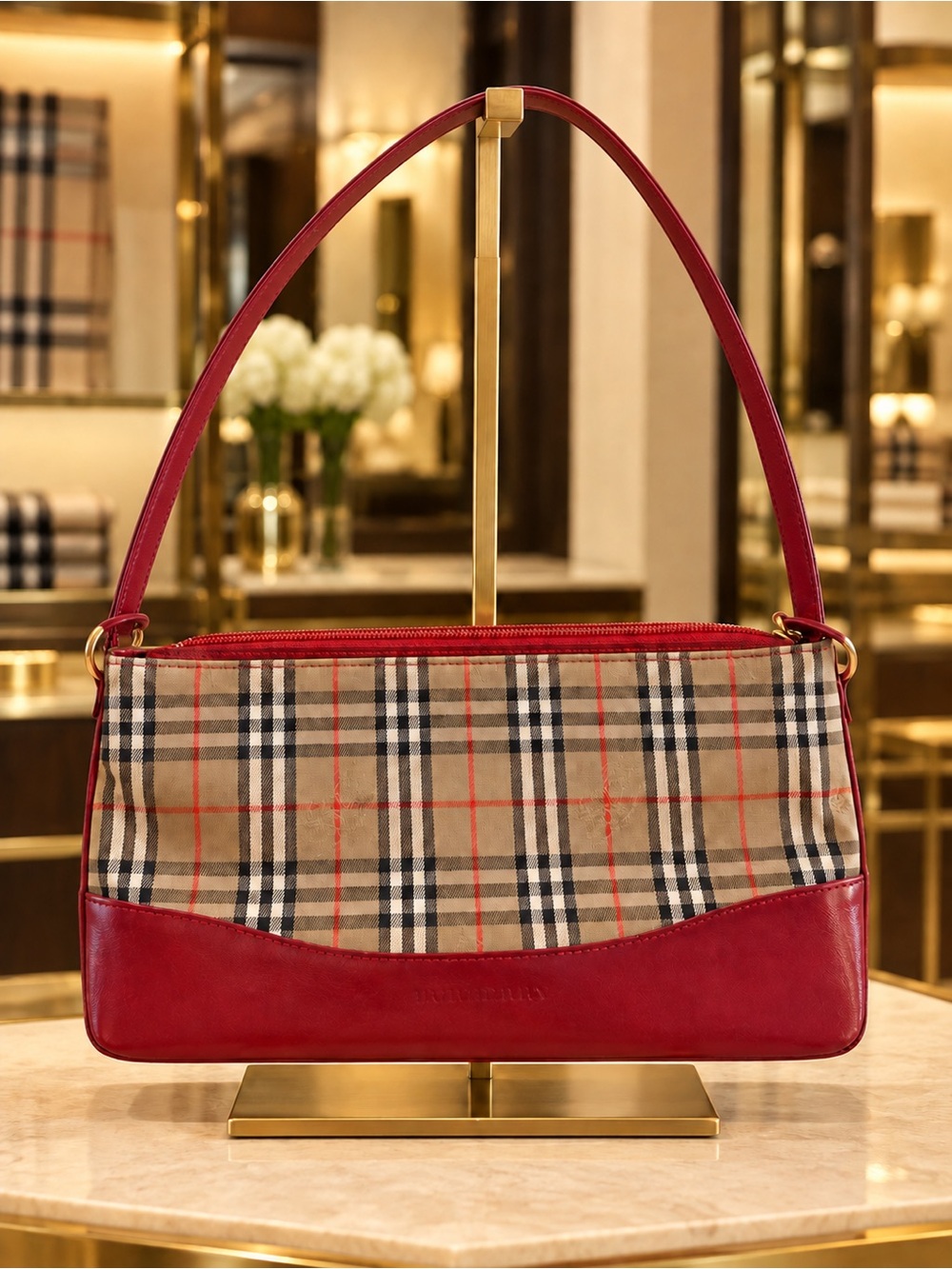 Burberry Red Leather & Check Shoulder Bag 🌸 amazing purse in perfect condition